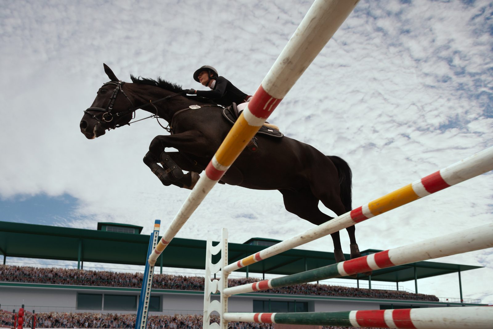 A horse and rider clearing a jump in front of a packed grandstand